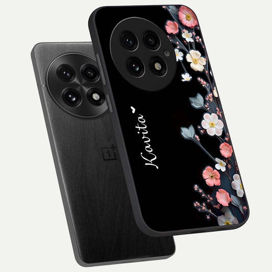 Black Elegance Floral Custom Name phone case For OnePlus 13 showing premium glass back cover with detailed artwork