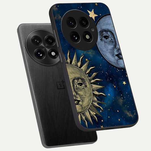 Celestial Moon With Sun phone case For OnePlus 13 showing premium glass back cover with detailed artwork