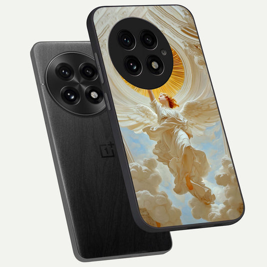 Divine Light Angel phone case For OnePlus 13 showing premium glass back cover with detailed artwork