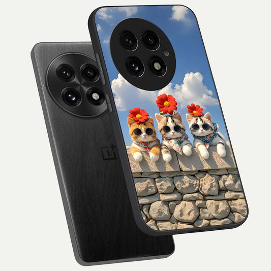 Floral Kitty Squad phone case For OnePlus 13 showing premium glass back cover with detailed artwork