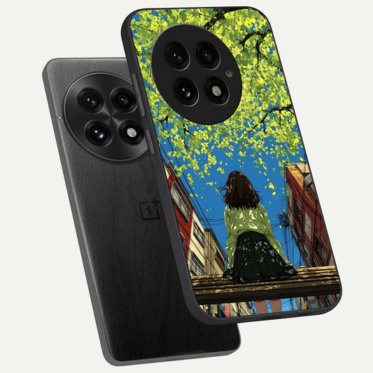 Golden Leaves Glow phone case For OnePlus 13 showing premium glass back cover with detailed artwork