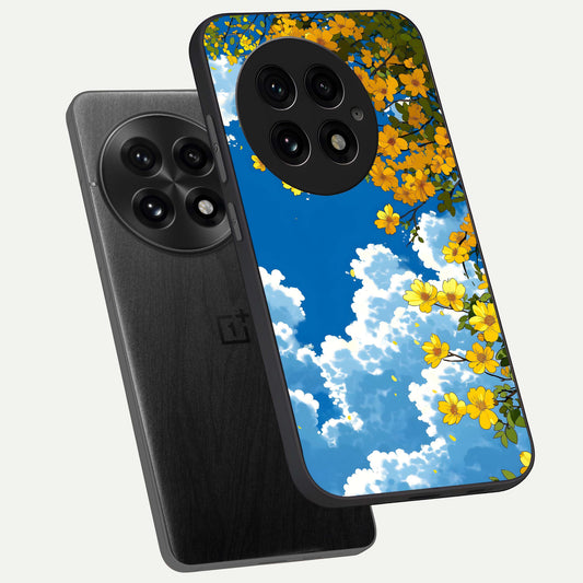 Golden Petal Sky phone case For OnePlus 13 showing premium glass back cover with detailed artwork