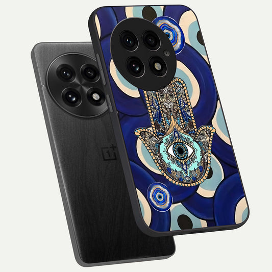 Hamsa Divine Guard phone case For OnePlus 13 showing premium glass back cover with detailed artwork