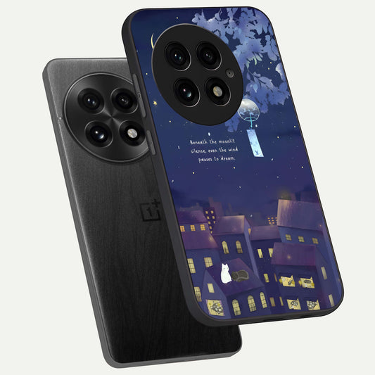 Moonlit Cat Silence phone case For OnePlus 13 showing premium glass back cover with detailed artwork