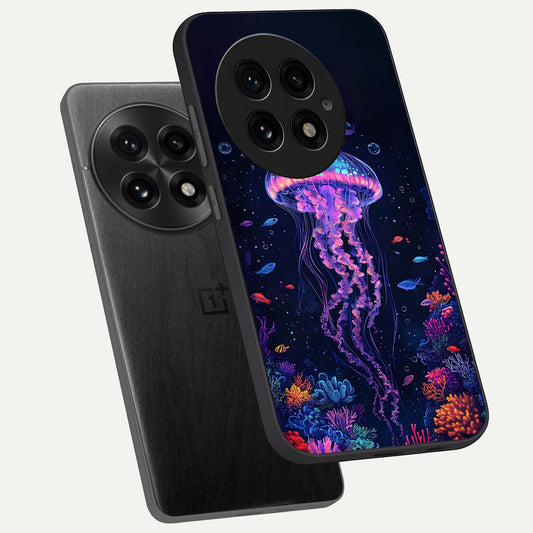 Neon Jellyfish phone case For OnePlus 13 showing premium glass back cover with detailed artwork