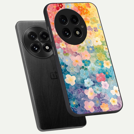 Rainbow Blossom Burst phone case For OnePlus 13 showing premium glass back cover with detailed artwork