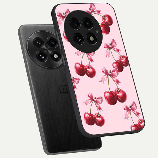 Red Cherries Pattern phone case For OnePlus 13 showing premium glass back cover with detailed artwork
