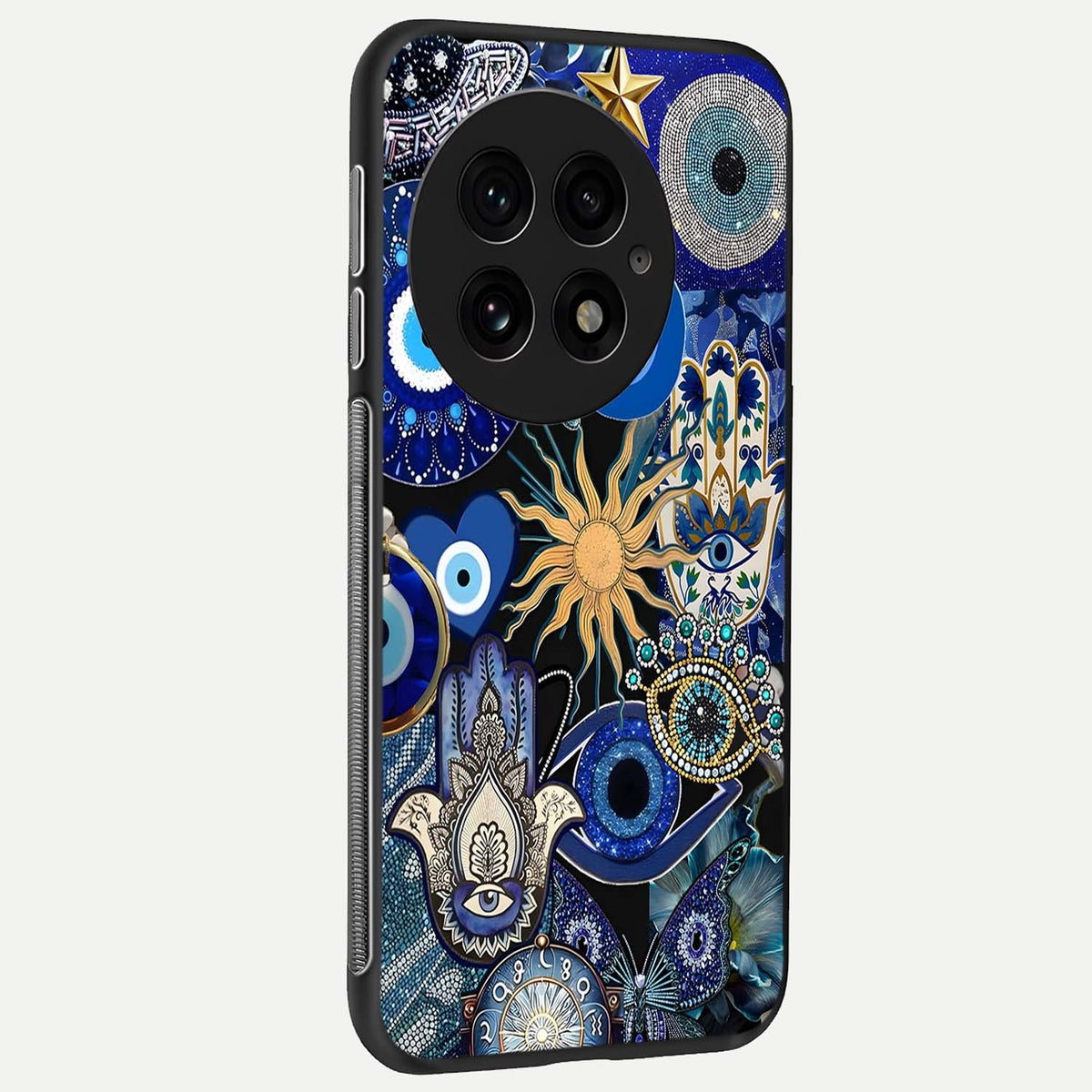 Mystic Blue Evil Eye back cover For OnePlus 13 slim fit glass case with vibrant aesthetic design