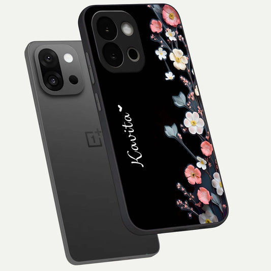 Black Elegance Floral Custom Name phone case For OnePlus 13S showing premium glass back cover with detailed artwork