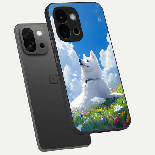 Blissful Cloud Pup phone case For OnePlus 13S showing premium glass back cover with detailed artwork