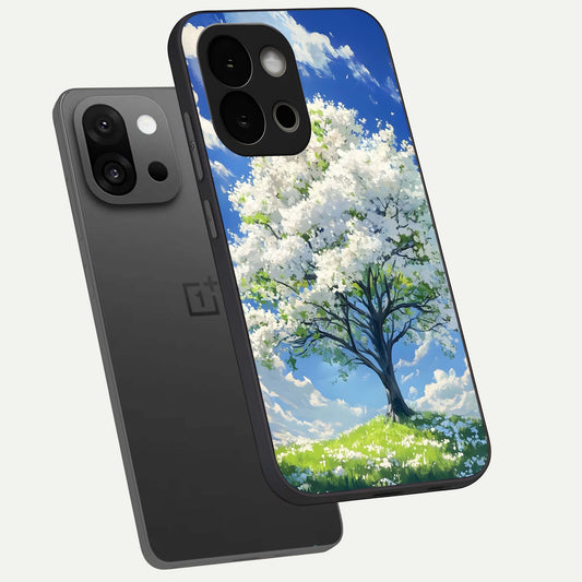 Blossom Sky Serenity phone case For OnePlus 13S showing premium glass back cover with detailed artwork