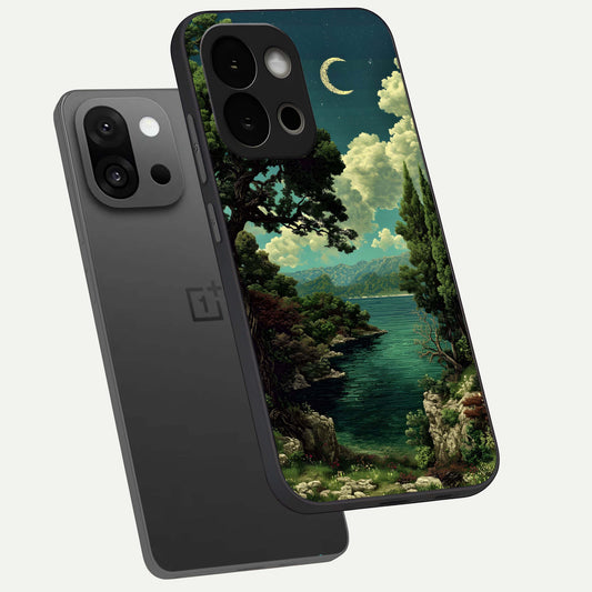 Celestial Lake Peace phone case For OnePlus 13S showing premium glass back cover with detailed artwork