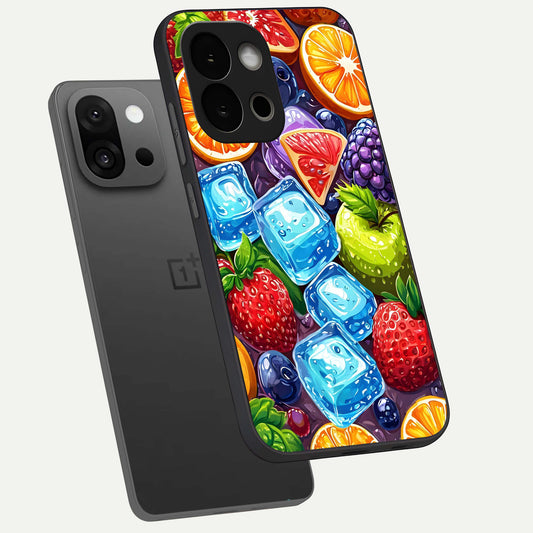 Colorful Fruits with Ice phone case For OnePlus 13S showing premium glass back cover with detailed artwork