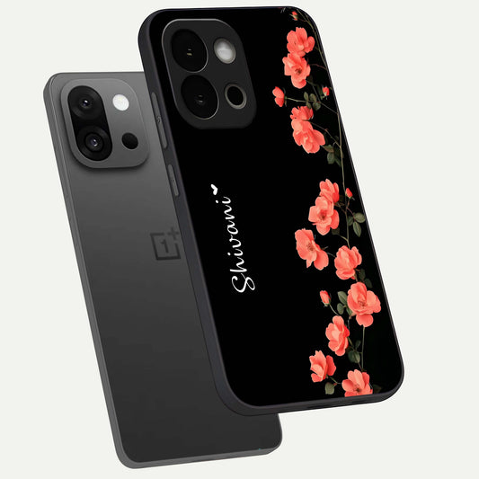 Crimson Bloom Grace Custom Name phone case For OnePlus 13S showing premium glass back cover with detailed artwork