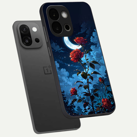 Crimson Rose Moon phone case For OnePlus 13S showing premium glass back cover with detailed artwork