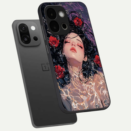 Crimson Rose Serenity phone case For OnePlus 13S showing premium glass back cover with detailed artwork