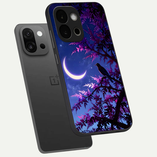 Crow And Moon Scenery phone case For OnePlus 13S showing premium glass back cover with detailed artwork