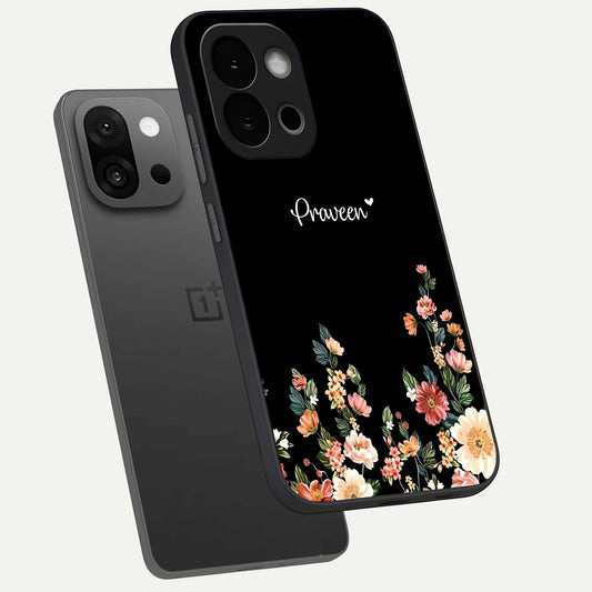 Floral Design Personalized Custom Name phone case For OnePlus 13S showing premium glass back cover with detailed artwork