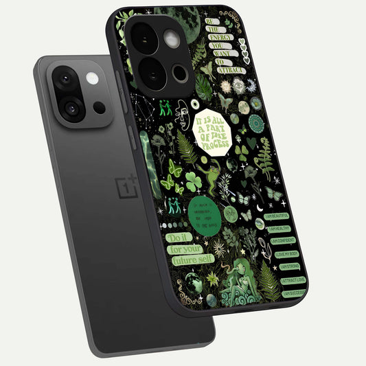 Green Mandala Pattern phone case For OnePlus 13S showing premium glass back cover with detailed artwork