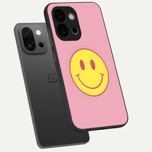 Happy Pink Mood phone case For OnePlus 13S showing premium glass back cover with detailed artwork