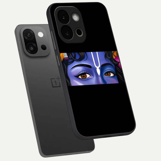 Krishna Eye phone case For OnePlus 13S showing premium glass back cover with detailed artwork
