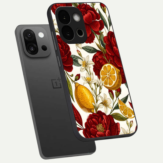 Lemon Rose Charm phone case For OnePlus 13S showing premium glass back cover with detailed artwork