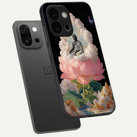 Lotus Divine Peace phone case For OnePlus 13S showing premium glass back cover with detailed artwork