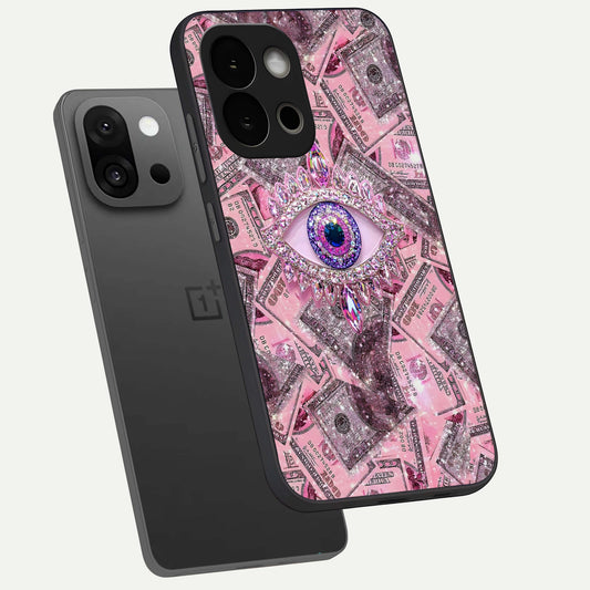Money Eye Luxe phone case For OnePlus 13S showing premium glass back cover with detailed artwork
