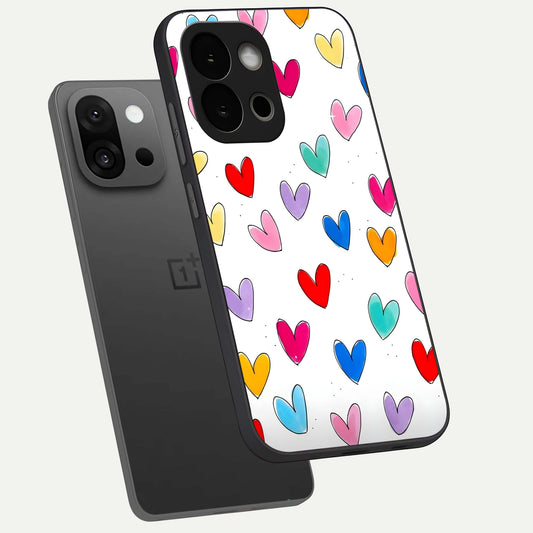 Playful Love Doodles phone case For OnePlus 13S showing premium glass back cover with detailed artwork