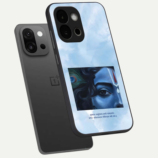 Spiritual Krishna phone case For OnePlus 13S showing premium glass back cover with detailed artwork