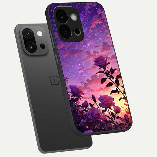 Starlit Rose Twilight phone case For OnePlus 13S showing premium glass back cover with detailed artwork