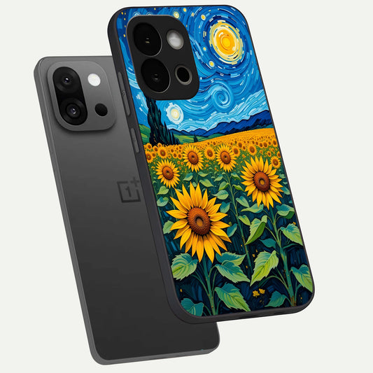 Starry Sunflower Dreams phone case For OnePlus 13S showing premium glass back cover with detailed artwork