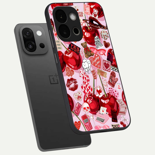 Sweet Cherry Chaos phone case For OnePlus 13S showing premium glass back cover with detailed artwork