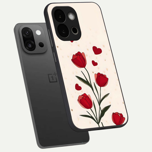 Tulip With Heart phone case For OnePlus 13S showing premium glass back cover with detailed artwork