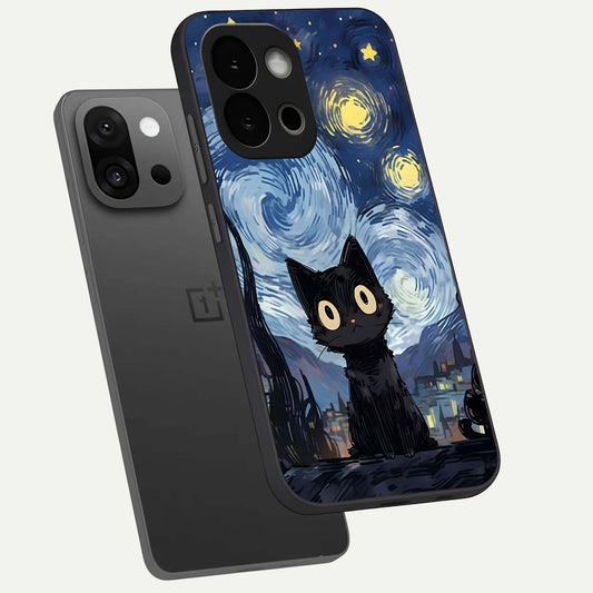 Van Gogh Cat phone case For OnePlus 13S showing premium glass back cover with detailed artwork
