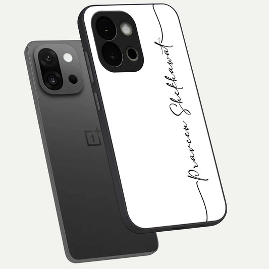 White Tune Custom Name phone case For OnePlus 13S showing premium custom name glass back cover