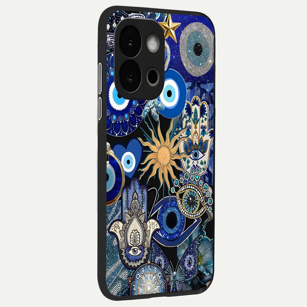 Mystic Blue Evil Eye back cover For OnePlus 13S slim fit glass case with vibrant aesthetic design
