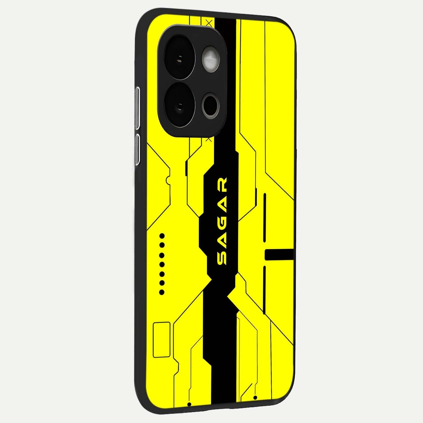 Circuit CYBERPUNK Custom Name Glass Case showing full back design in clean flat view with futuristic circuit art and glossy glass finish.