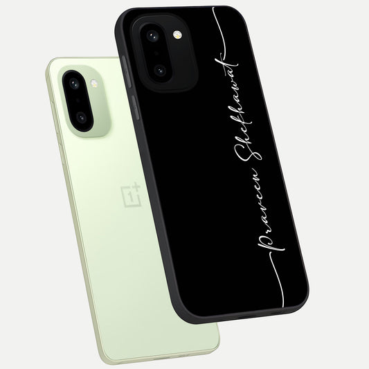 Black Tune Custom Name phone case For Oneplus 15R showing premium glass back cover with detailed artwork