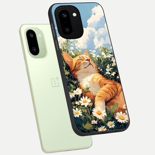 Cat And Flowers View phone case For Oneplus 15R showing premium glass back cover with detailed artwork