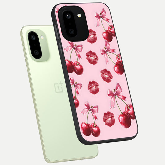 Cherry With Lips phone case For Oneplus 15R showing premium glass back cover with detailed artwork