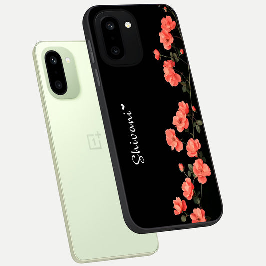 Crimson Bloom Grace Custom Name phone case For Oneplus 15R showing premium glass back cover with detailed artwork