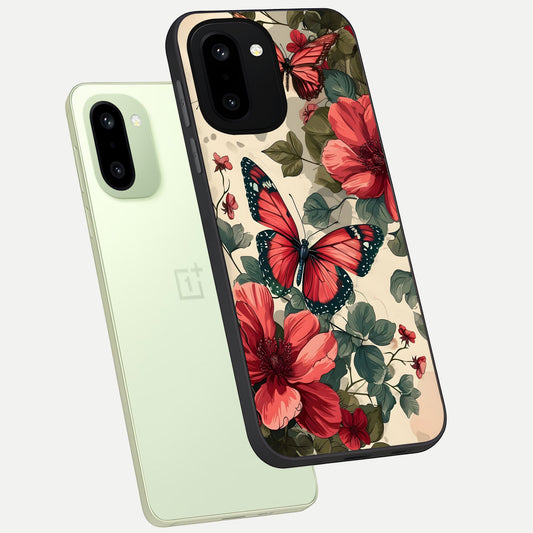Crimson Butterfly Garden phone case For Oneplus 15R showing premium glass back cover with detailed artwork