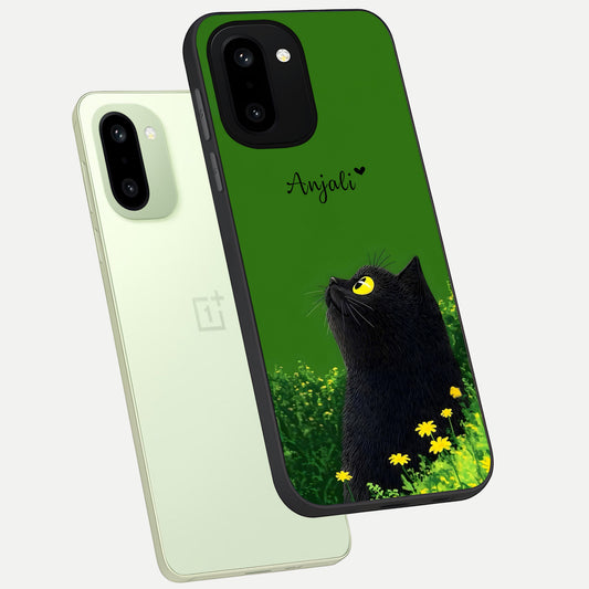 Emerald Cat Custom Name phone case For Oneplus 15R showing premium glass back cover with detailed artwork