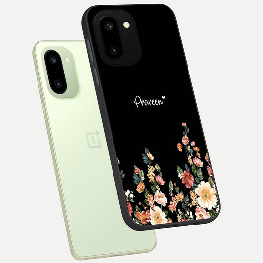 Floral Design Personalized Custom Name phone case For Oneplus 15R showing premium glass back cover with detailed artwork