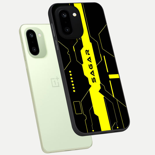 Neon CYBERPUNK Custom Name phone case For Oneplus 15R showing premium glass back cover with detailed artwork