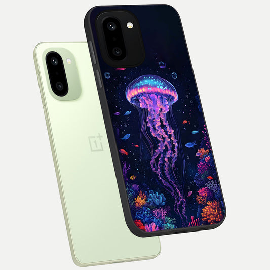 Neon Jellyfish phone case For Oneplus 15R showing premium glass back cover with detailed artwork