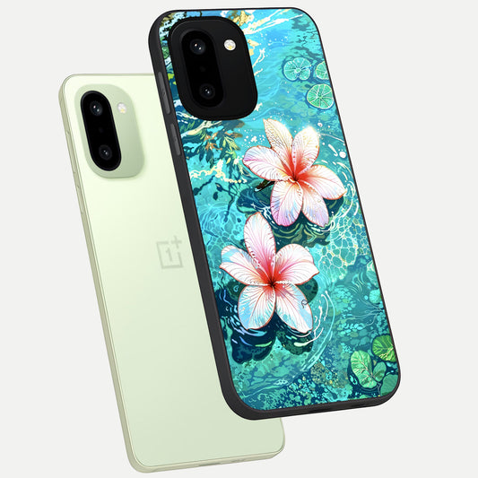 Pink Flowers in Water phone case For Oneplus 15R showing premium glass back cover with detailed artwork