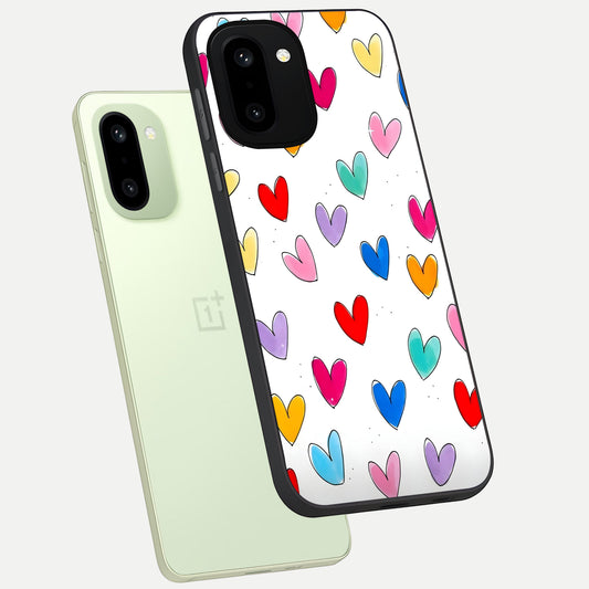 Playful Love Doodles phone case For Oneplus 15R showing premium glass back cover with detailed artwork