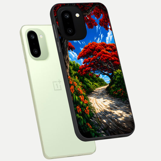 Red Trees Pathway phone case For Oneplus 15R showing premium glass back cover with detailed artwork